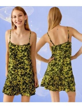 Urban Outfitters | Camille Mini Frock Dress Yellow Green Digitized Floral Print